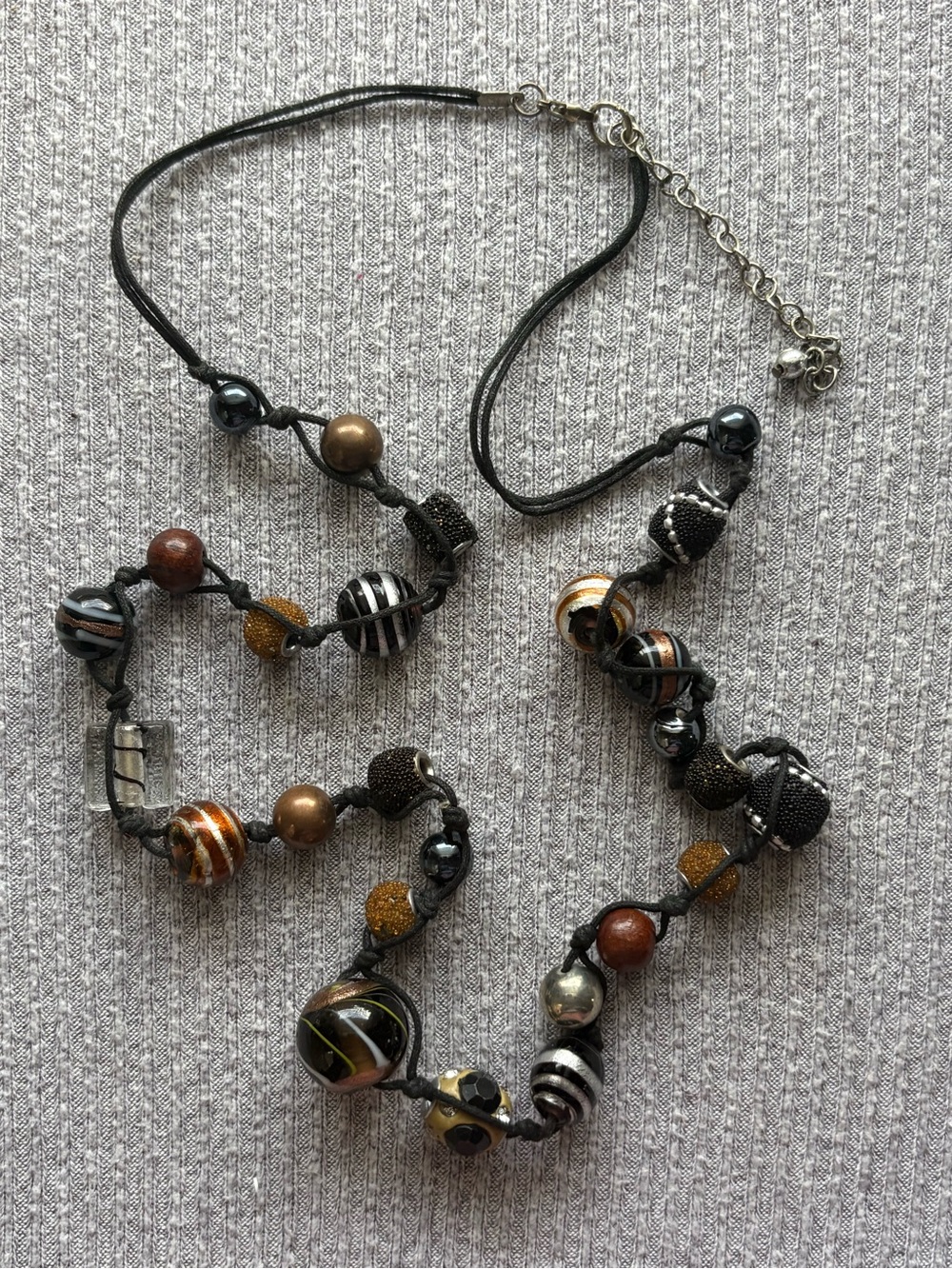 Vintage multicolor & multi size beaded adjustable black cord necklace